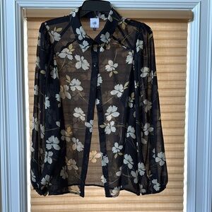 CAbi Black Sheer Notched Collar Blouse